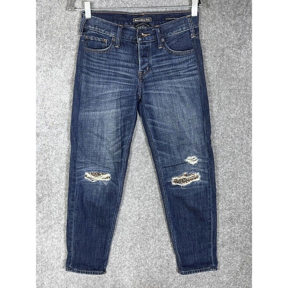 Abercrombie & Fitch Boyfriend Straight Jeans Womens Size 26‎ Distressed Patched - Picture 1 of 16